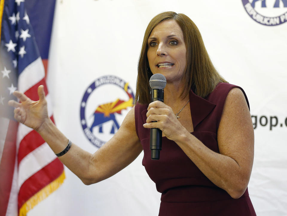 U.S. Rep. Martha McSally, R-Ariz., speaks at a campaign rally, Thursday, Nov. 1, 2018, in Sun City, Ariz. McSally is running against Democrat Krysten Sinema for the U.S. Senate. (AP Photo/Matt York)