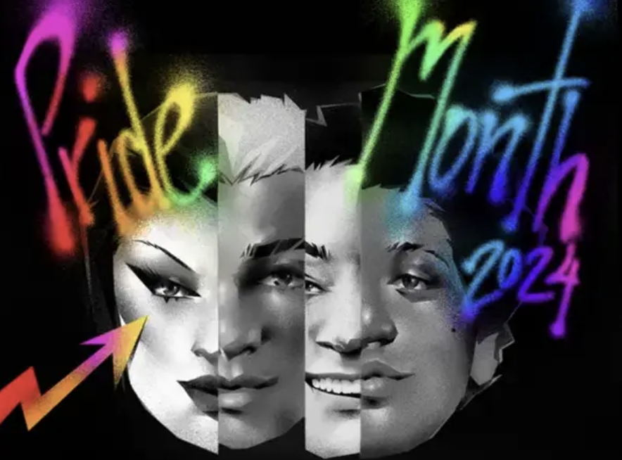 Graffiti art displaying "Pride Month 2024" with stylized, colorful text. Three grayscale faces are shown beneath the text