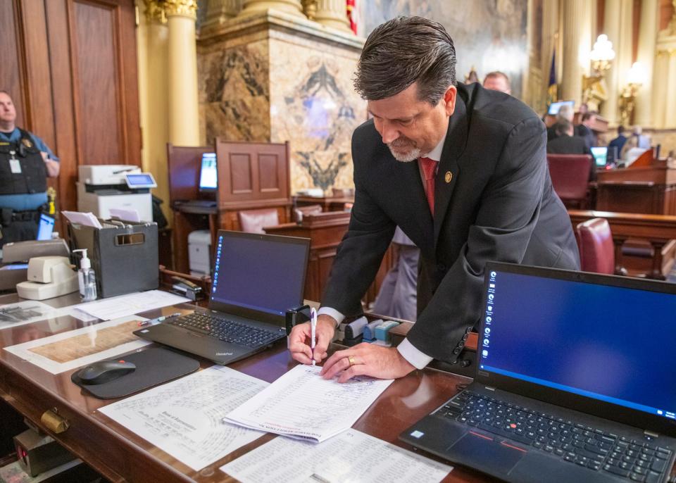 State Rep. Jeff Olsommer (R-Pike/Wayne) signs the discharge resolution to move House Bill 891 out of committee. He took this action May 21, 2024, soon after taking the oath of office that day in Harrisburg. Olsommer was elected in April to fill the remainder of the term of former 139th District Rep. Joe Adams, who resigned in February.