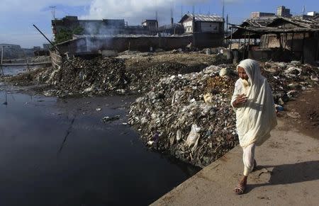 A woman crosses a bridge next to a tannery by the Buriganga River at Hazaribagh in Dhaka September 6, 2012. REUTERS/Andrew Biraj