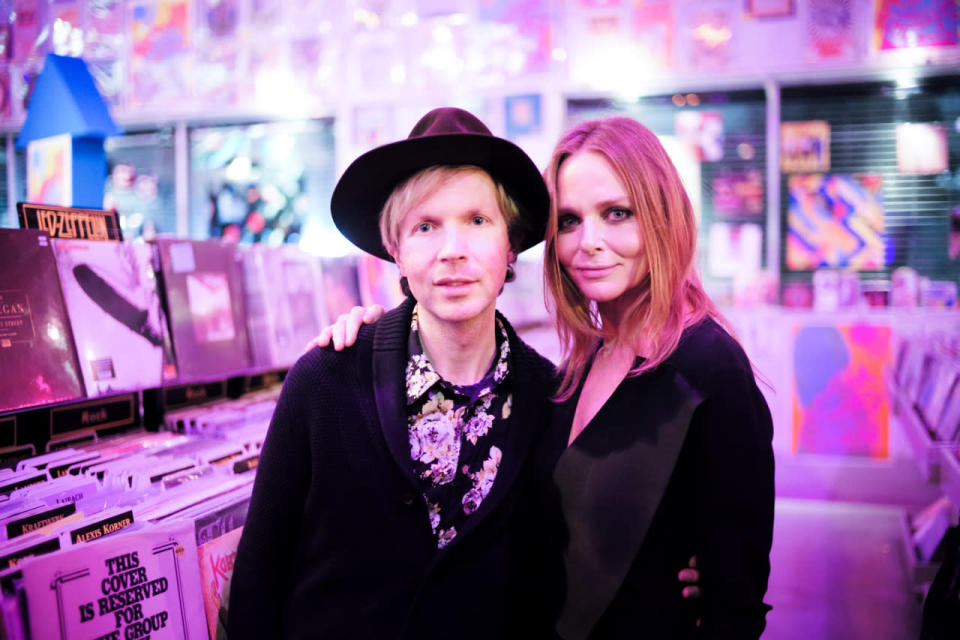 Beck and Stella McCartney at the designer’s autumn 2016 show at Amoeba Music in Los Angeles.