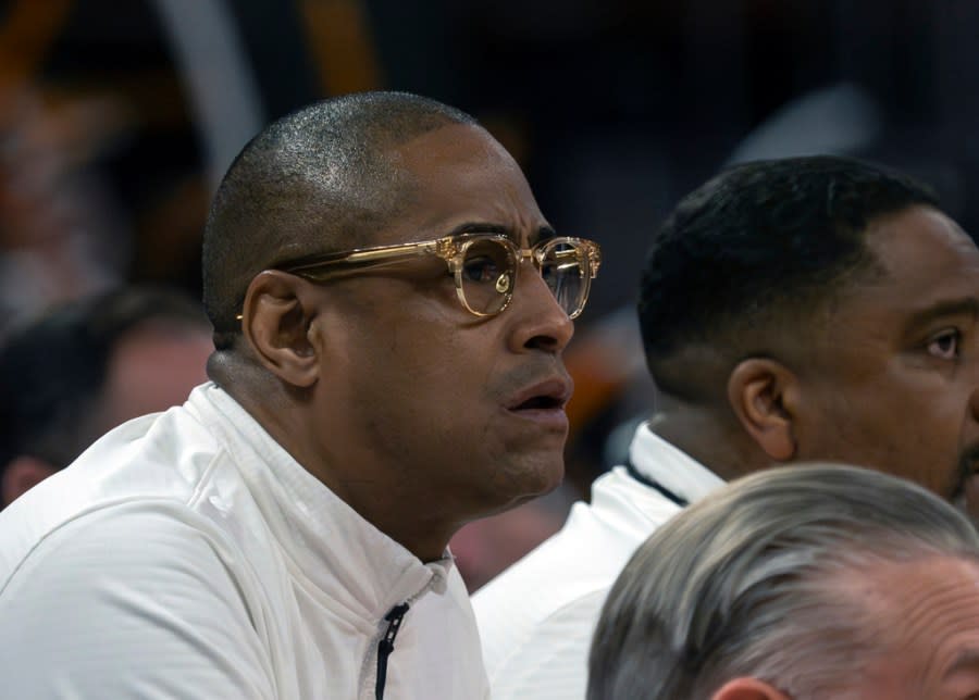 Texas head coach Rodney Terry looks on during the first half of an NCAA college basketball game against Baylor, Saturday, Jan. 20, 2024, in Austin, Texas. (AP Photo/Michael Thomas)