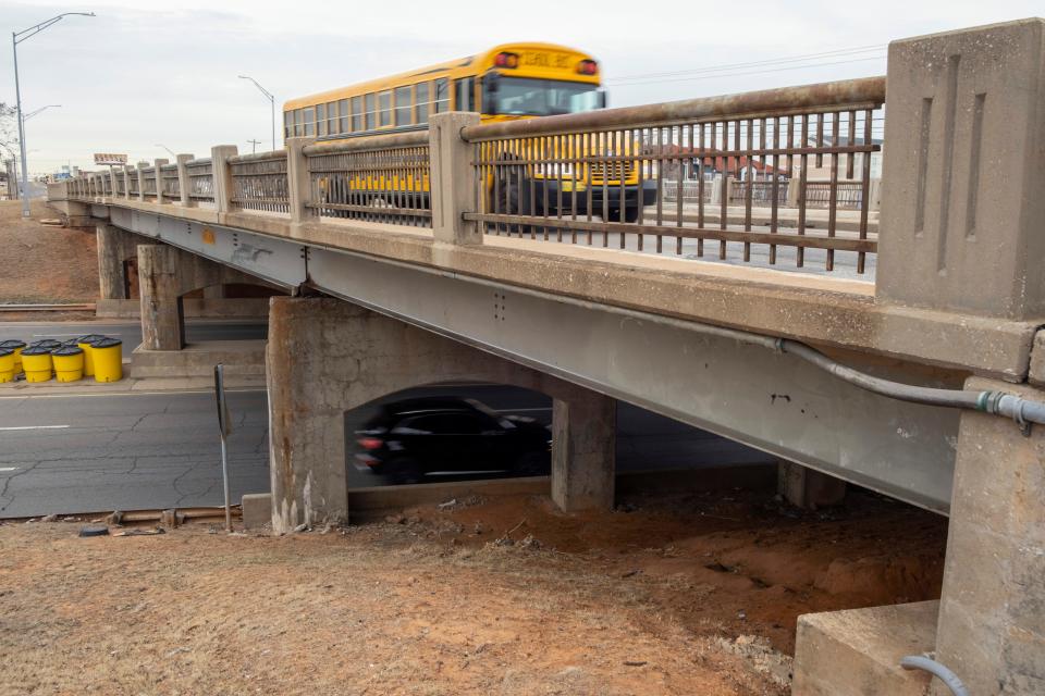 A bus travels on a bridge on May Avenue over Northwest Expressway in Oklahoma City, Tuesday, Jan. 17, 2023. 