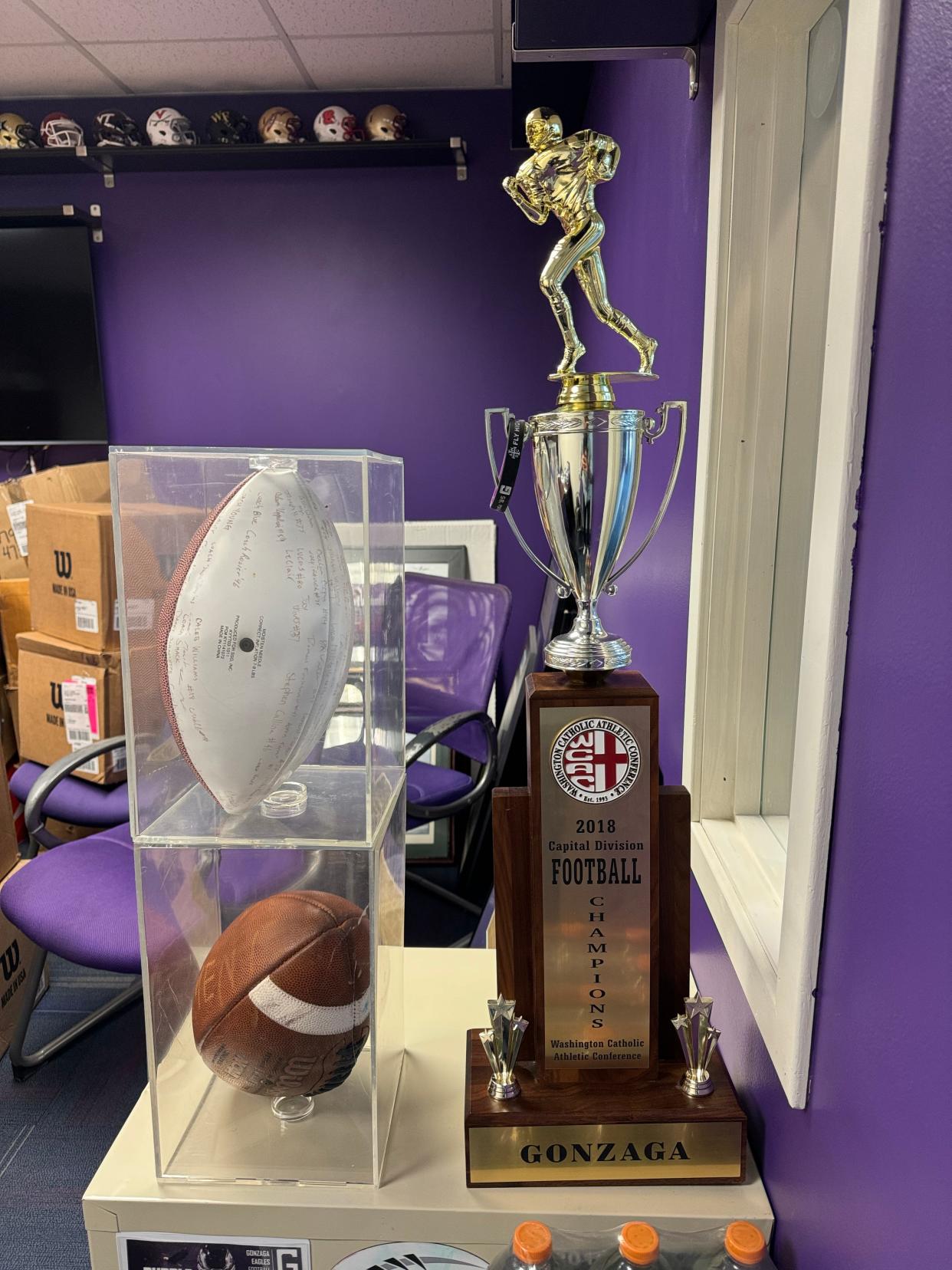 The 2018 WCAC Championship trophy sits in head coach Randy Trivers' office at Gonzaga.
