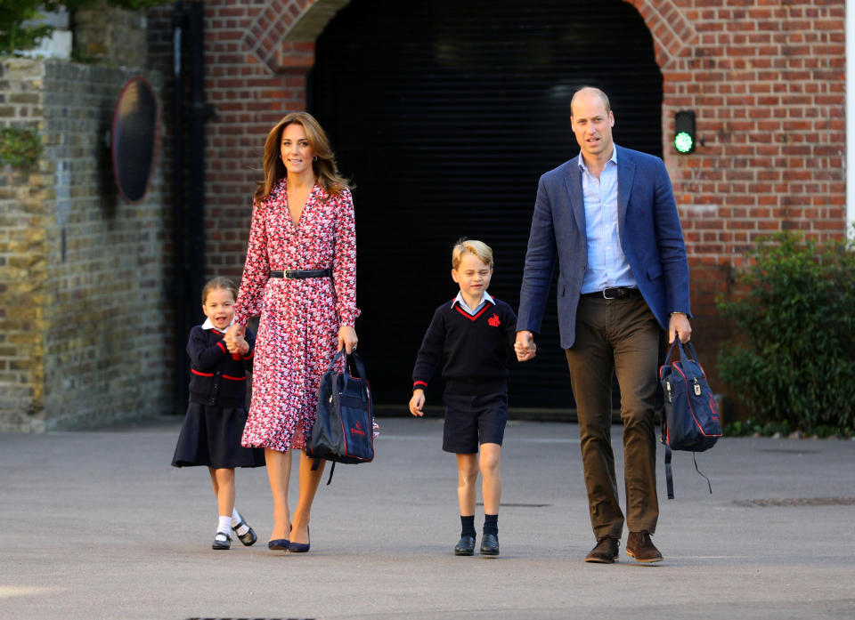 Britain's Princess Charlotte arrives for her first day at school accompanied by her mother Catherine, Duchess of Cambridge, father Prince William, Duke of Cambridge, and brother Prince George, at Thomas's Battersea in London, Britain September 5, 2019. Aaron Chown/Pool via REUTERS