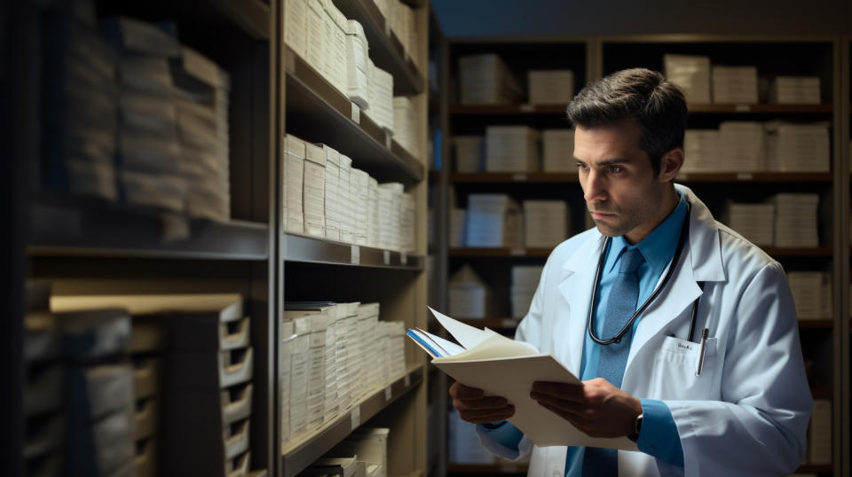 A healthcare professional examining a patient's medical records as part of a public health research initiative.