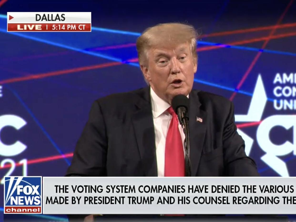 During the headlining speech on Sunday the former president lashed out at US voting systems and repeated his baseless claims of election fraud (Fox News/ Twitter)