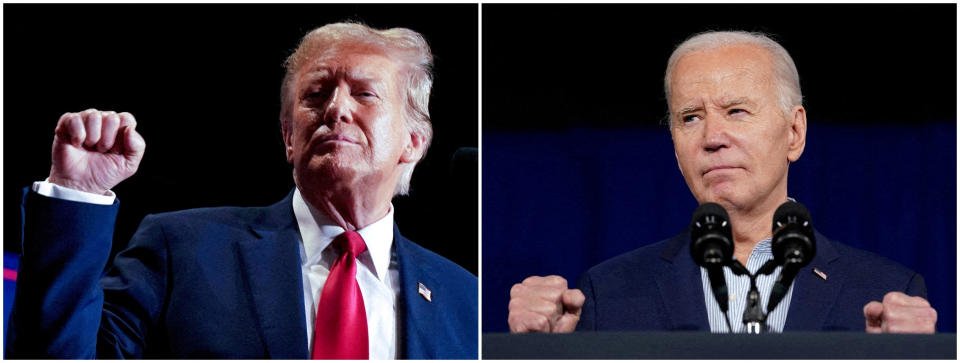 FOTO DE ARCHIVO: Imagen combinada que muestra al candidato presidencial republicano y expresidente estadounidense Donald Trump reaccionando en el escenario durante un mitin de campaña en Richmond, Virginia, EE. UU., el 2 de marzo de 2024, y al presidente estadounidense Joe Biden gesticulando mientras pronuncia comentarios sobre la reducción de costos para las familias estadounidenses, en Las Vegas, Nevada, EE. UU., el 19 de marzo de 2024. REUTERS/Jay Paul y Kevin Lamarque/Foto de archivo