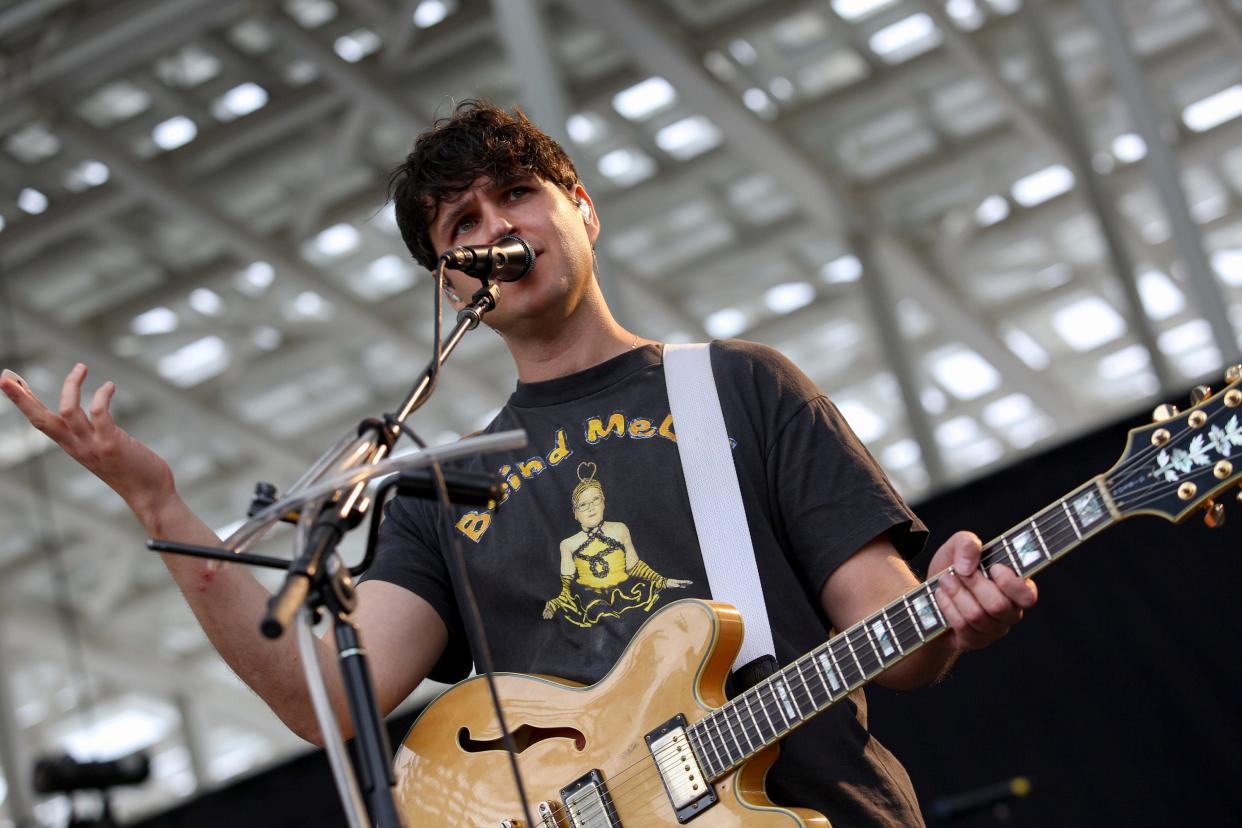 Vampire Weekend performs at the Moody Amphitheater at Waterloo Park in Austin, Monday, April 8, 2024, for a total solar eclipse show. Thousands attended and were equipped with solar eclipse glasses and watched as the eclipse reached totality, while the band paused their performance.