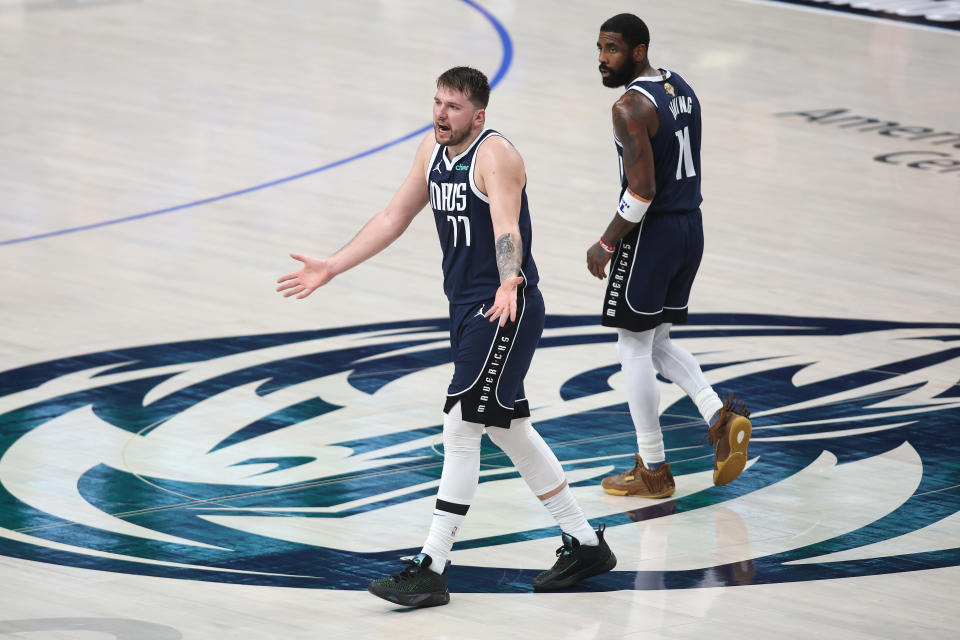 DALLAS, TEXAS - JUNE 12: Luka Dončić #77 of the Dallas Mavericks reacts in the third quarter against the Boston Celtics in Game Three of the 2024 NBA Finals at American Airlines Center on June 12, 2024 in Dallas, Texas. NOTE TO USER: User expressly acknowledges and agrees that, by downloading and or using this photograph, User is consenting to the terms and conditions of the Getty Images License Agreement. (Photo by Tim Heitman/Getty Images)