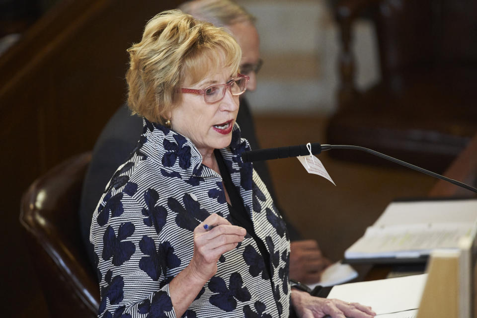 FILE - Nebraska Sen. Lou Ann Linehan, of Elkhorn, speaks in Lincoln, Neb., on Aug. 5, 2020. Nebraska’s top election official has ruled that voters will get to decide this year whether to repeal a law that gives taxpayer money for private school scholarships. But both Nebraska Secretary of State Bob Evnen and Linehan, who authored the school choice law and sought to have the repeal effort kept off the ballot, acknowledge that the courts will likely ultimately decide if the repeal question makes it onto November’s ballot. (AP Photo/Nati Harnik, File)