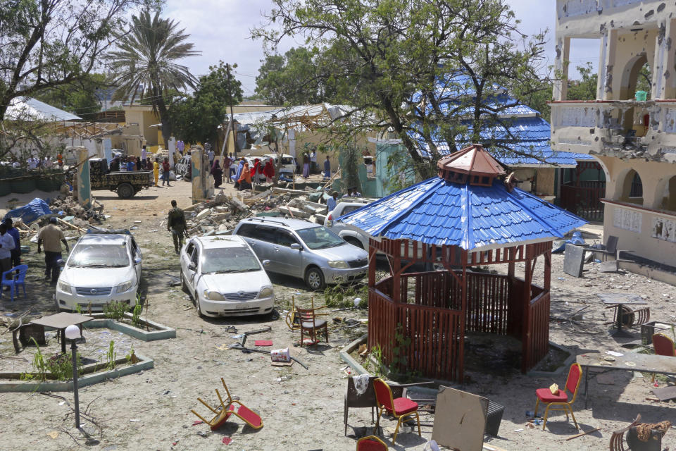 A view of Asasey Hotel after an attack, in Kismayo, Somalia, Saturday July 13, 2019. (AP Photo)