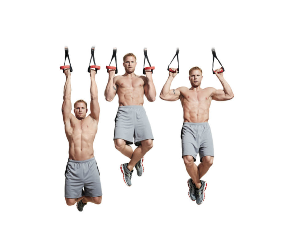How to do it:<ol><li>Attach a suspension trainer to a sturdy object overhead. </li><li>Set the handles less than shoulder-width apart and high enough so that when you hang from them your feet will be off the floor. </li><li>Grasp the handles, with palms facing you, and hang. </li><li>Pull yourself up until your chin is above your hands. </li><li>Begin to lower yourself, moving your elbows away from your body and rotating your palms to face forward. That’s one rep.</li></ol>Pro tip:<p>Lower yourself slowly. It should take three to five seconds to come back down.</p>Variation:<p>If you have wrist issues, you can start with traditional bar pull-ups.</p>