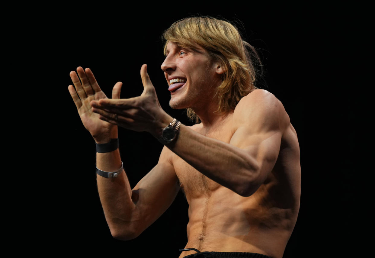 LAS VEGAS, NEVADA - DECEMBER 15: Paddy Pimblett of England poses on the scale during the UFC 296 ceremonial weigh-in at MGM Grand Garden Arena on December 15, 2023 in Las Vegas, Nevada. (Photo by Cooper Neill/Zuffa LLC via Getty Images)