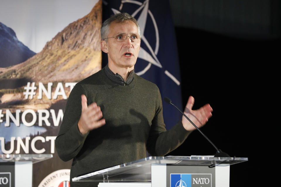 NATO Secretary General Jens Stoltenberg speaks during the NATO-led military exercise Trident Juncture, in Trondheim, Norway, Tuesday, Oct. 30, 2018. Stoltenberg says he is "confident" both Russia and NATO "will act in a respectable way" as both sides will be carrying drills in the same area in waters off Norway's coast. (Gorm Kallestad/NTB scanpix via AP)