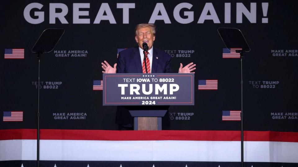 PHOTO: Former President and current Republican presidential candidate Donald Trump speaks during a campaign rally in Sioux City, Iowa, Oct. 29, 2023. (Scott Morgan/Reuters)