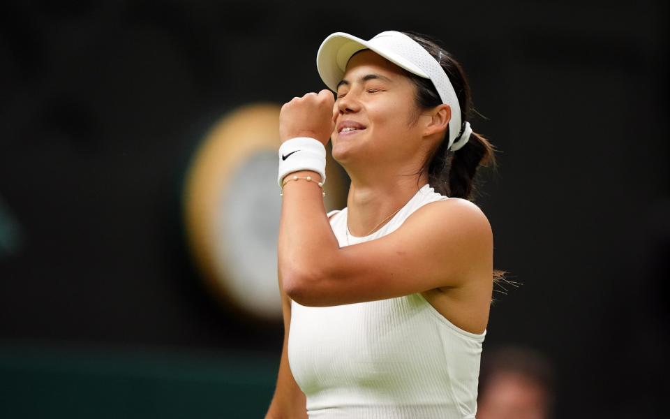 Emma Raducanu celebrates beating Maria Sakkari (not pictured) on day five of the 2024 Wimbledon Championships at the All England Lawn Tennis and Croquet Club, London