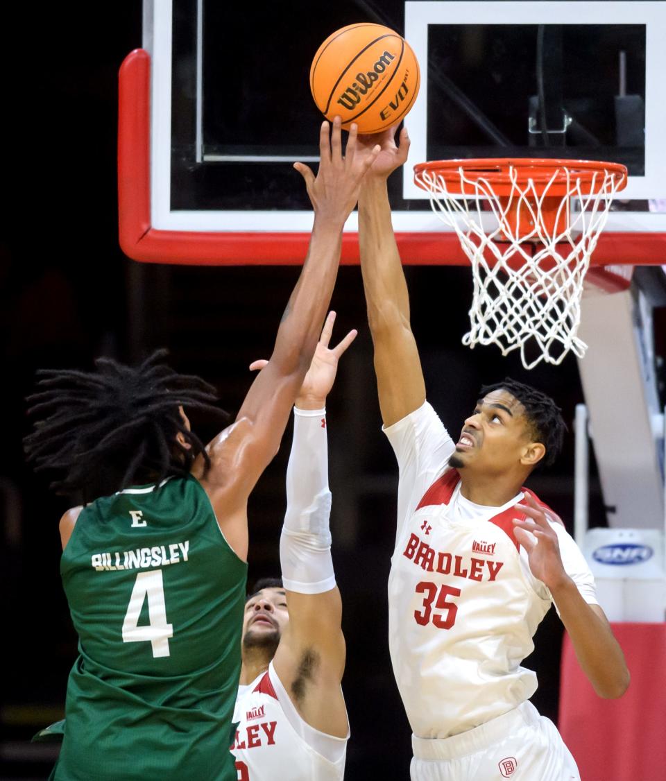 Bradley's Darius Hannah (35) blocks a shot by Eastern Michigan's Jalin Billingsley in the first half Tuesday, Nov. 15, 2022 at the Peoria Civic Center. The Braves took down the Eagles 89-61.