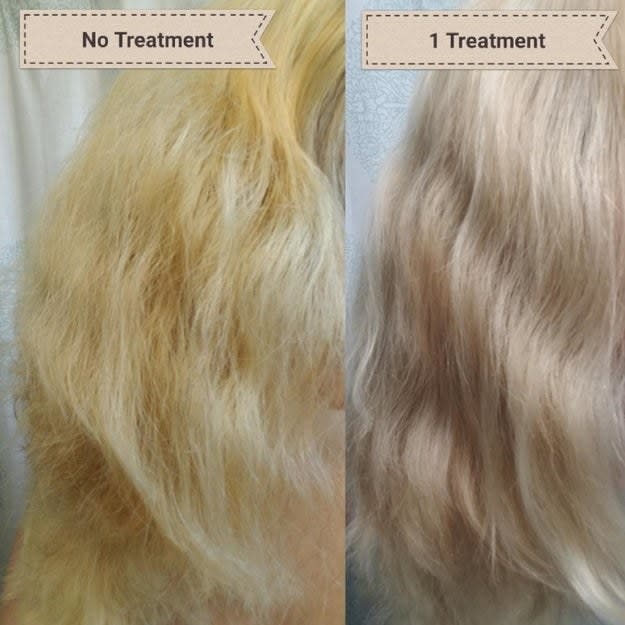 Two photos of a reviewer's hair: yellow-tone, frizzy hair with text "no treatment" and smoother, shinier, less brassy hair with text "1 treatment"