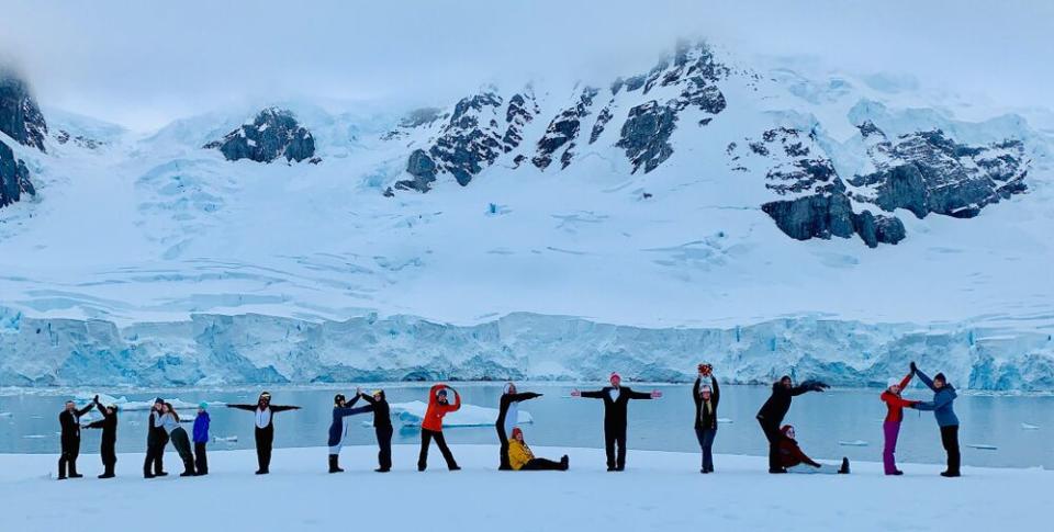 Haley and travel companions spelling out Antarctica while camping on the continent in January 2019 | Courtesy Haley Woods