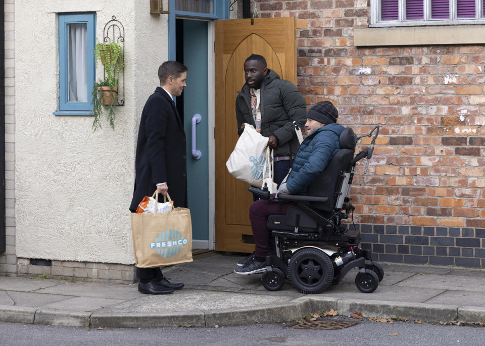 FROM ITV

STRICT EMBARGO -  No Use Before Tuesday 12th December 2023

Coronation Street - Ep 1114950

Friday 29th December 2023

Todd Grimshaw [GARETH PIERCE] clocks Moses [MICHAEL FATOGUN] as he struggles to get the key in the door with Paul Foreman [PETER ASH].  Clearly smitten, Todd dashes over to help. 

Picture contact - David.crook@itv.com

Photographer - Danielle Baguley

This photograph is (C) ITV and can only be reproduced for editorial purposes directly in connection with the programme or event mentioned above, or ITV plc. This photograph must not be manipulated [excluding basic cropping] in a manner which alters the visual appearance of the person photographed deemed detrimental or inappropriate by ITV plc Picture Desk. This photograph must not be syndicated to any other company, publication or website, or permanently archived, without the express written permission of ITV Picture Desk. Full Terms and conditions are available on the website www.itv.com/presscentre/itvpictures/terms
