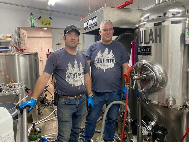 Ed Kent, left, and the Kent Beer Company are preparing to debut the new Sugar Shack Maple Amber Ale during a special “Maple Madness” event on Saturday, March 23, at the taproom at 1699 Jones Road in Andover.