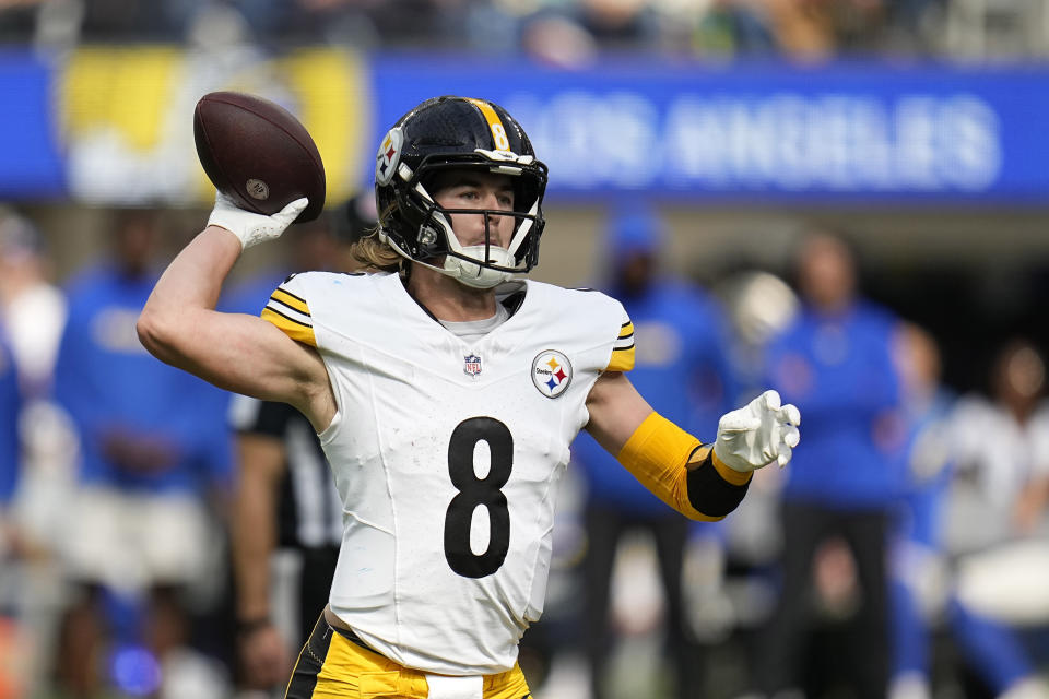 Pittsburgh Steelers quarterback Kenny Pickett passes during the first half of an NFL football game against the Los Angeles Rams Sunday, Oct. 22, 2023, in Inglewood, Calif. (AP Photo/Gregory Bull)