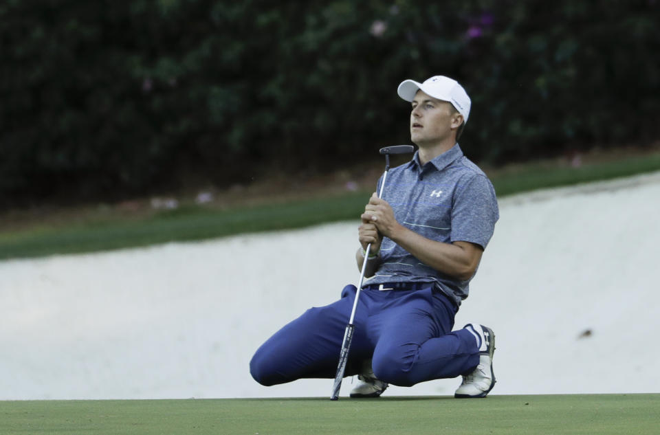 Jordan Spieth reacts to a missed putt on the 13th hole during the second round of the Masters golf tournament Friday, April 7, 2017, in Augusta, Ga. (AP Photo/Matt Slocum)