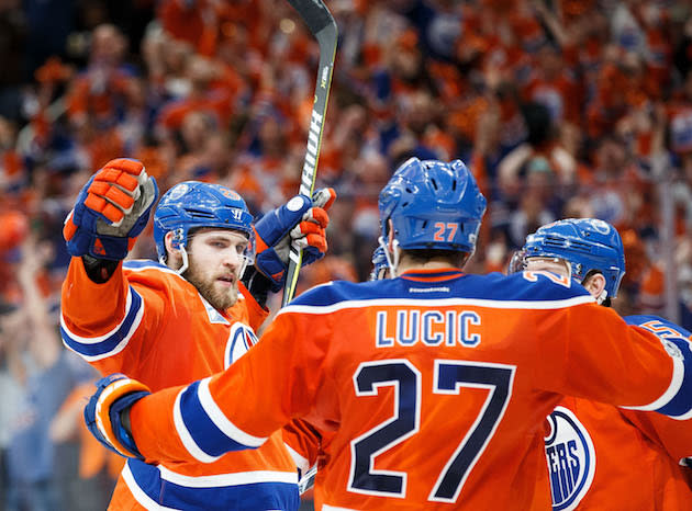 EDMONTON, AB – MAY 7: Leon Draisaitl #29 of the Edmonton Oilers celebrates a hat trick goal against the Anaheim Ducks in Game Six of the Western Conference Second Round during the 2017 NHL Stanley Cup Playoffs at Rogers Place on May 7, 2017 in Edmonton, Alberta, Canada. (Photo by Codie McLachlan/Getty Images)