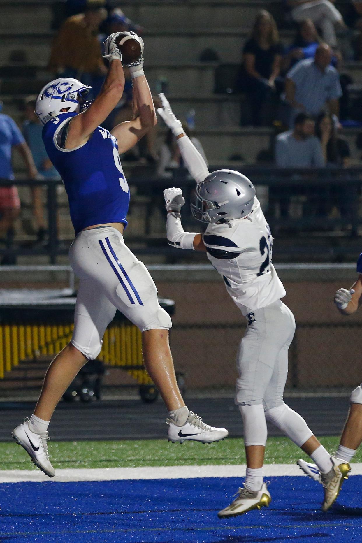 Oconee County's Jake Johnson (9) makes a catch for a touchdown during a GHSA high school football game between East Jacksons and Oconee County in Watkinsville, Ga., on Friday, Oct. 1, 2021. Oconee County won 35-7.