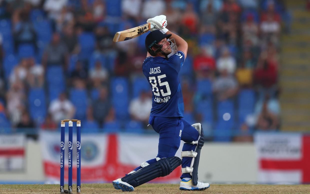 Will Jacks of England hits four runs during the 2nd CG United One Day International match between West Indies and England at Sir Vivian Richards Stadium on December 06, 2023 in Antigua, Antigua and Barbuda