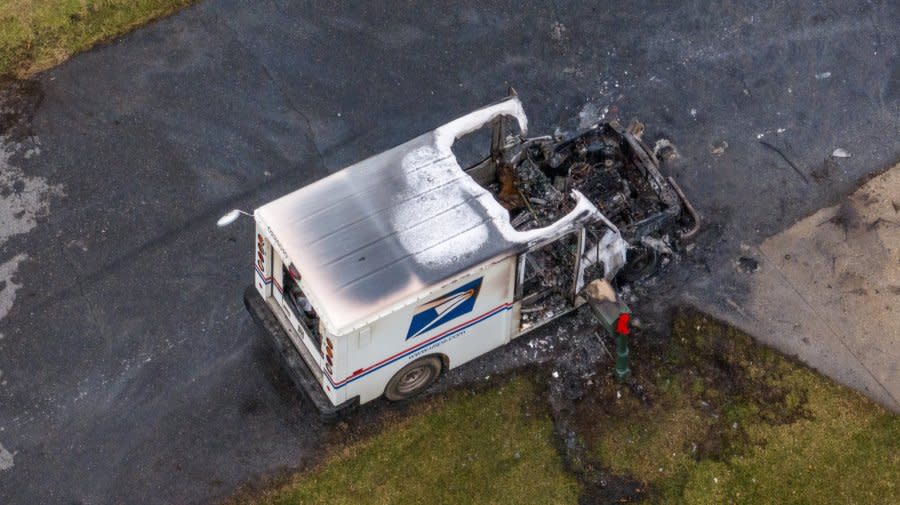A United States Postal Service (USPS) caught fire in Montgomery County, Md. on Dec. 22, 2023. (Tim Pruss/MyDrone.Pro)