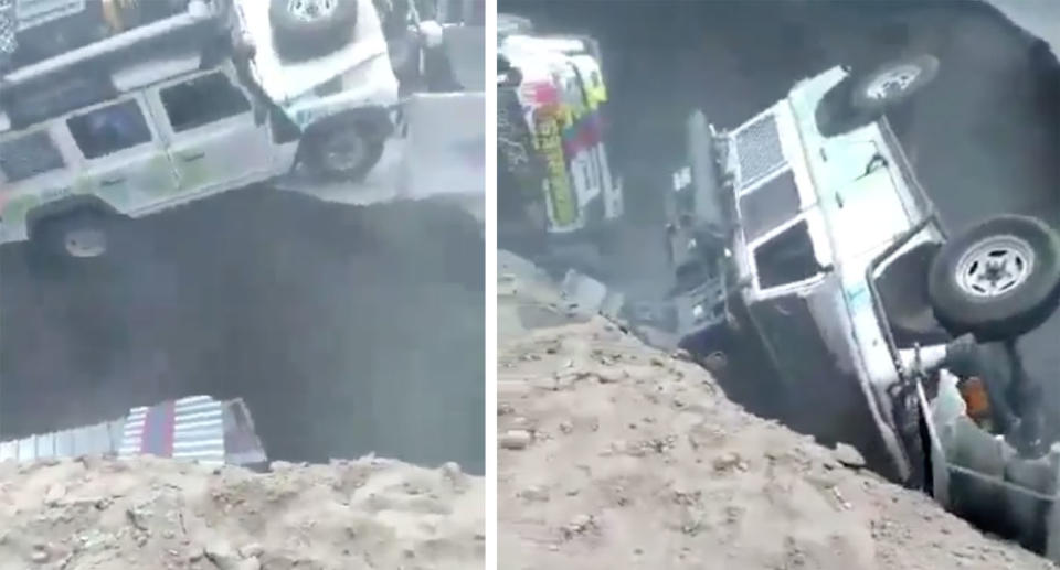 The Land Rover fell into the ditch seconds after the hole appeared.Source: Twitter/ agungepapo