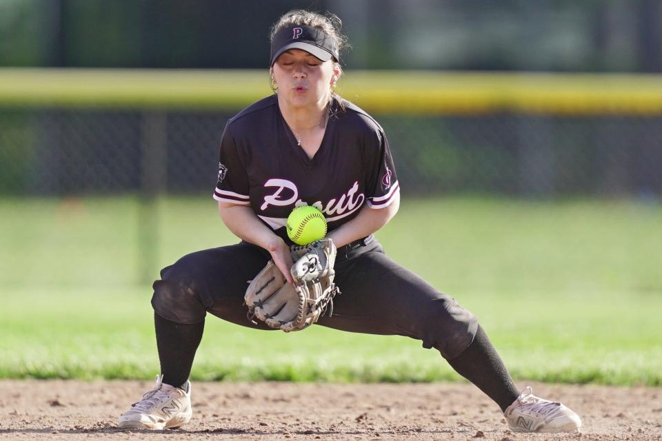 Prout's Emma Manzo corrals a ground ball during the first inning Tuesday against Pilgrim.