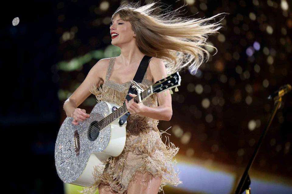 <p>Scott Eisen/TAS23/Getty</p> Taylor Swift performs in Massachusetts in May 2023