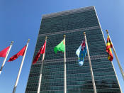 Flags fly outside the United Nations headquarters during the 74th session of the U.N. General Assembly, Saturday, Sept. 28, 2019. At this year's annual gathering at the United Nations, well-known flash points such as the Middle East and trade tensions got lots of airtime, but some leaders also used their time on the world stage to highlight international disputes that don't usually command the same global attention. (AP Photo/Jennifer Peltz)