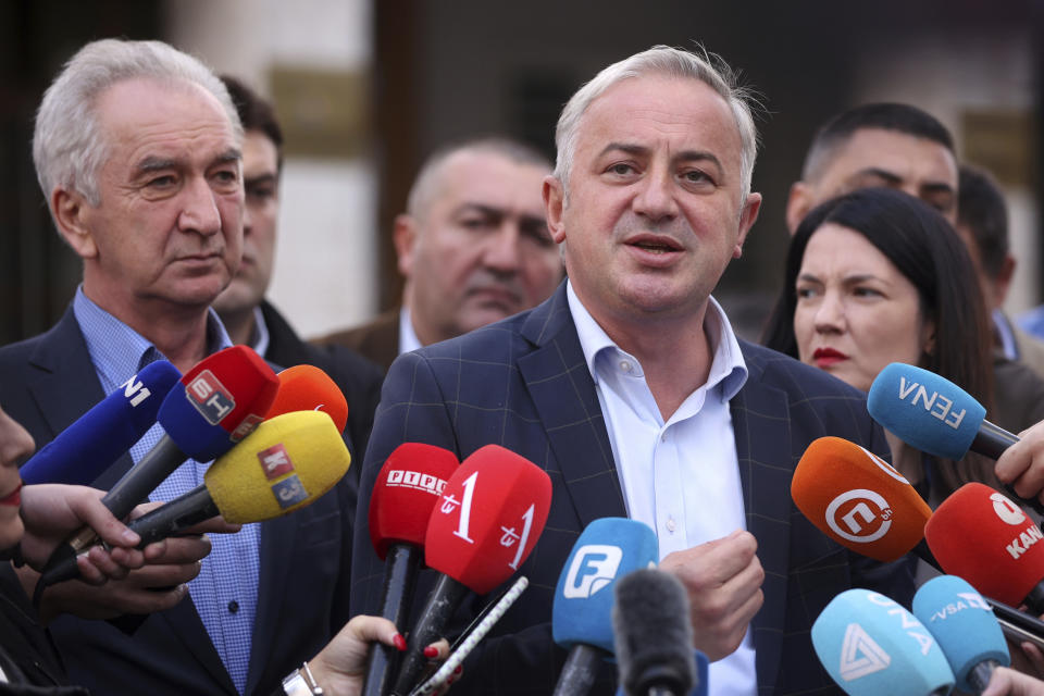 Branislav Borenovic, leader of Party of Democratic Progress (PDP), addresses the media after submitting a request for a recount and cancellation of election for the President of the Republic of Srpska, in Sarajevo, Bosnia, Wednesday, Oct. 5, 2022. (AP Photo/Armin Durgut)