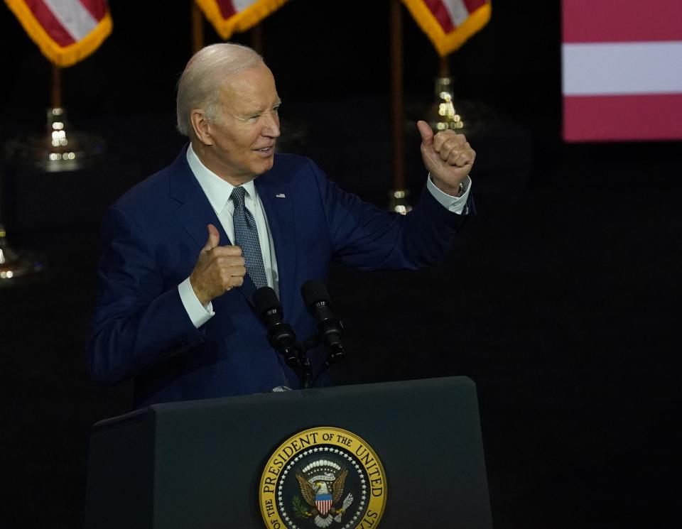 President Joe Biden takes the stage at Westchester Community College in Valhalla on Wednesday, May 10, 2023, to discuss the partisan standoff over the nation's debt limit and the economic crisis that will occur if it isn't resolved within the coming weeks.