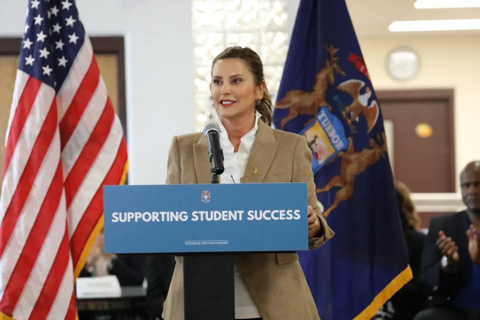 Gov. Gretchen Whitmer speaks at a bill signing ceremony in Suttons Bay on July 20, 2023 before signing the education budget.