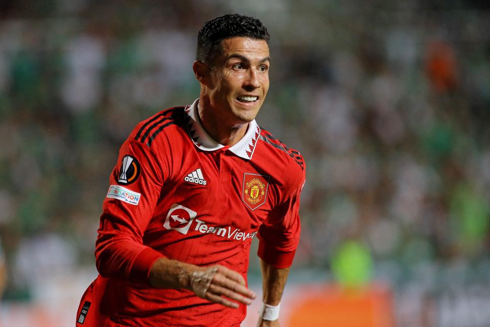 Manchester United's Portuguese striker Cristiano Ronaldo reacts during the UEFA Europa League group E football match between Cyprus' Omonia Nicosia and England's Manchester United at GSP stadium in the capital Nicosia on October 6, 2022. (Photo by AFP) (Photo by -/AFP via Getty Images)