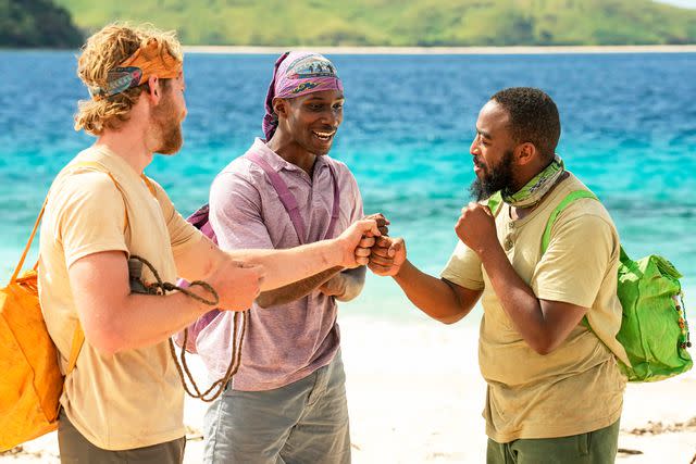 <p>Robert Voets/CBS</p> Hunter McKnight, Q Burdette, and Tim Spicer on 'Survivor 46'