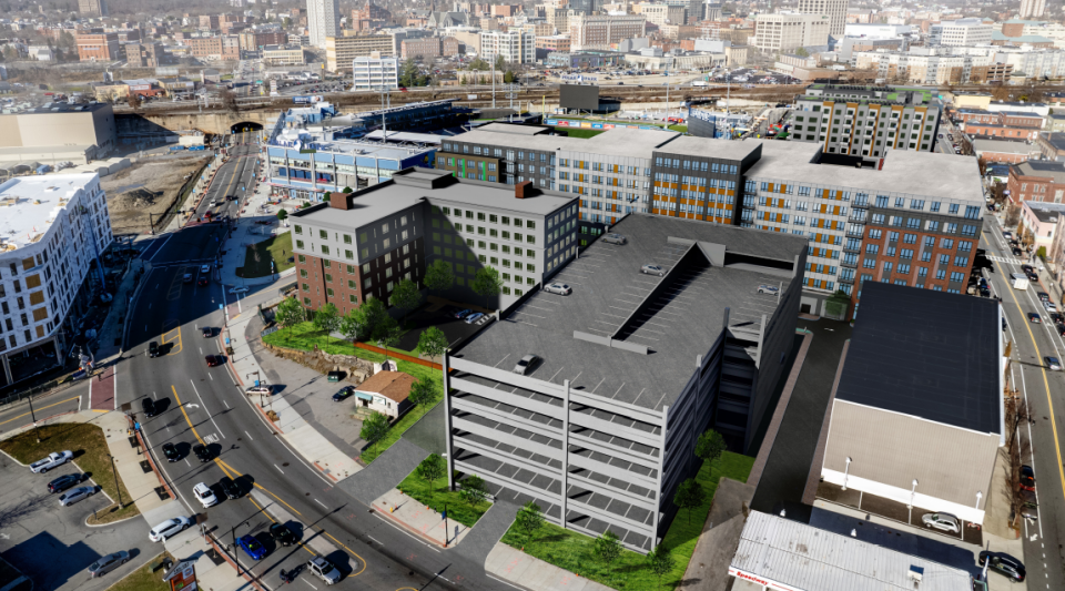 A look at the proposed development, looking from above Kelley Square.