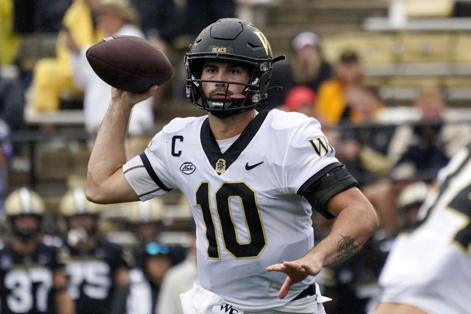 Wake Forest quarterback Sam Hartman passes against Vanderbilt in the second half of an NCAA college football game Saturday, Sept. 10, 2022, in Nashville, Tenn. (AP Photo/Mark Humphrey)