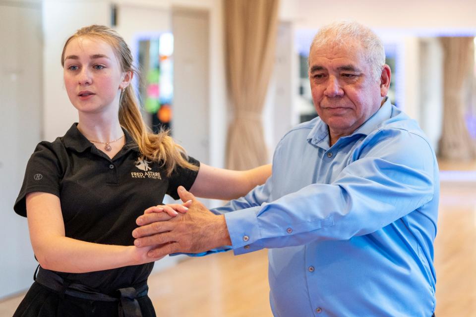 Jan 4, 2024; Cedar Grove, NJ, US; Paul Mistrette takes dance lessons from Anastasiya Plytych at Fred Astaire Dance Studios.