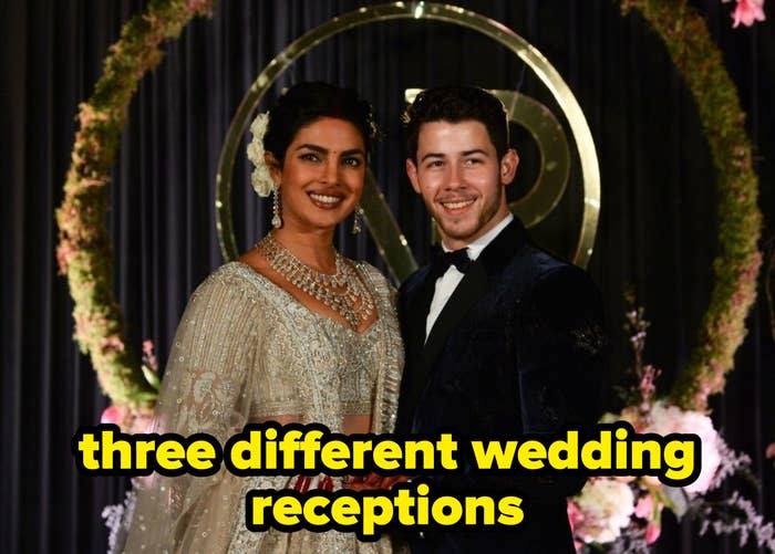 Nick Jonas and Priyanka Chopra at their wedding with the label reading "three different wedding receptions"