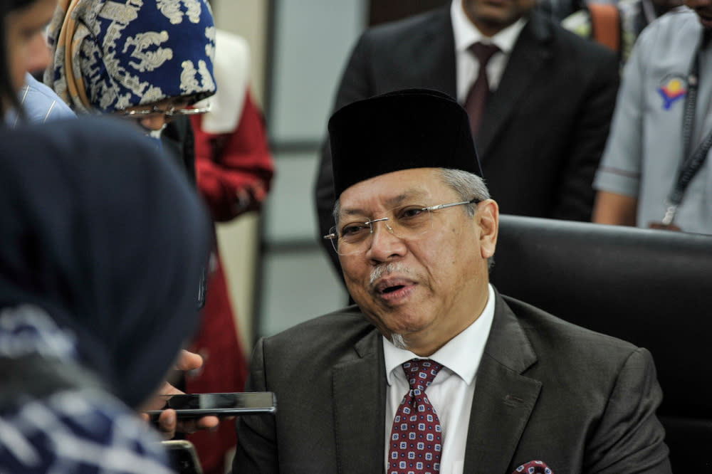 Federal Territories Minister Tan Sri Annuar Musa speaks to reporters on his first day at the ministry in Putrajaya 11, 2020. — Picture by Shafwan Zaidon