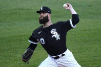 Chicago White Sox starting pitcher Dallas Keuchel throws to a Toronto Blue Jays batter during the first inning of a baseball game in Chicago, Thursday, June 10, 2021. (AP Photo/Nam Y. Huh)