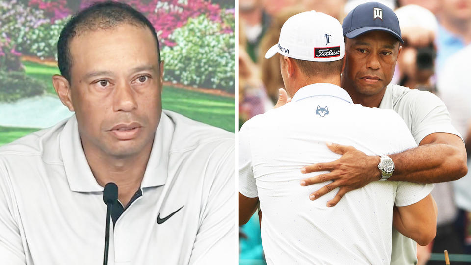 Tiger Woods during a press conference and Woods embracing Justin Thomas.