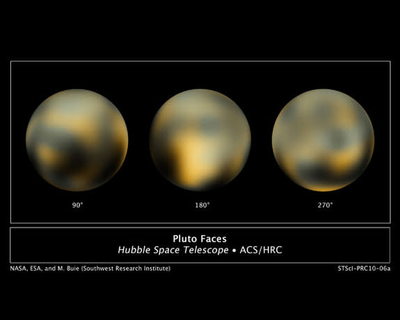 This is the most detailed view to date of the entire surface of the dwarf planet Pluto, as constructed from multiple NASA Hubble Space Telescope photographs taken from 2002 to 2003, before the telescope’s latest overhaul. The center disk (180 d