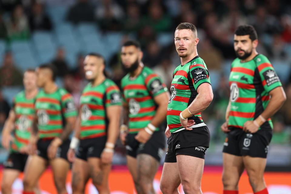 SYDNEY, AUSTRALIA - MAY 27: Damien Cook of the Rabbitohs and team mates look dejected after a Raiders try during the round 13 NRL match between South Sydney Rabbitohs and Canberra Raiders at Accor Stadium on May 27, 2023 in Sydney, Australia. (Photo by Brendon Thorne/Getty Images)